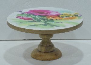 NATURAL MANGO WOODEN CAKE STAND WITH PATTERN PRINTED