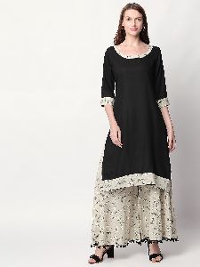 Black Kurti With Black Floral Print On Off White Base Skirt