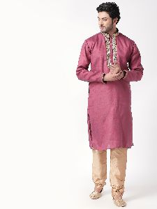 Cotton Blend Regular Full Sleeves Straight Ethnic Mens Kurta (Pink)