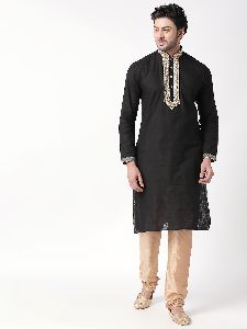 Cotton Blend Regular Full Sleeves Straight Ethnic Kurta For Men (Black)