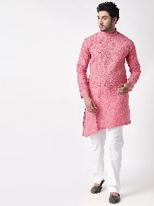 Cotton Regular Full Sleeves Mens Ethnic Kurta (Pink)