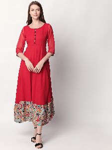Red Flared Kurti with Floral Bottom