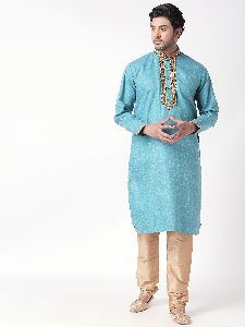Regular Cotton Full Sleeves Ethnic Kurta For Men (Sky Blue)