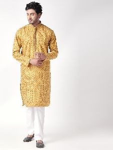 Stylish Cotton Blend Straight Ethnic Kurta For Men( Yellow)