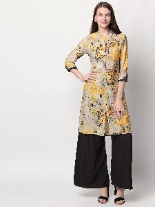 Yellow Floral Print Rayon Fabric Grey Kurti