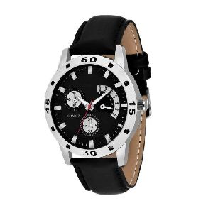 Black&amp;nbsp;Round Dial Leather Strap Analog Watch For Men  -  M95