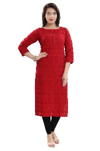 QS 5555 Red Women Cotton Chikankari Kurta