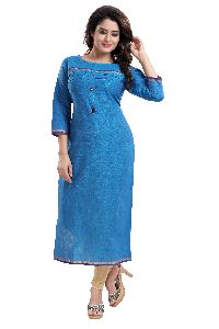 QS 6294 Blue Women Cotton Handloom Kurta With Plating