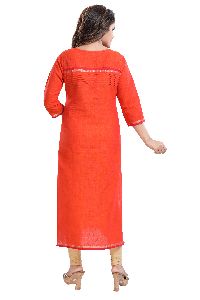 QS 6294 Orange Women Cotton Handloom Kurta With Plating