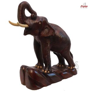 Elephant Trunk Up Statue with Wooden Base