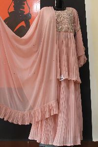 Georgette Pleated Pink Ethnic Dress