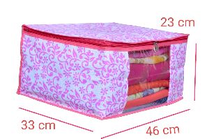 Pink Leaf Printed Nonwoven Saree Cover with Transprent Windows