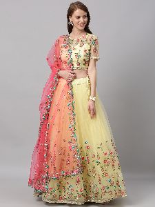 5243 Lemon Net Thread and Mirror Work Lehenga Choli