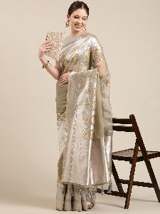 PB007B Tan and Silver Organza Paisley Zari Woven Banarasi Saree