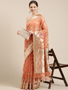 PB017 Peach and Silver Organza Paisley Zari Woven Banarasi Saree