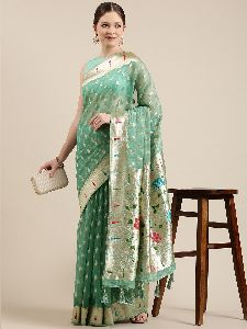 PB019 Green and Golden Organza Paisley Zari Woven Banarasi Saree