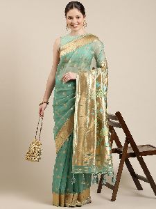 PB030 Green and Golden Organza Paisley Zari Woven Banarasi Saree