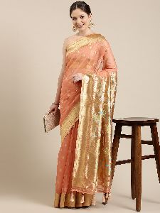 PB030 Peach and Golden Organza Paisley Zari Woven Banarasi Saree