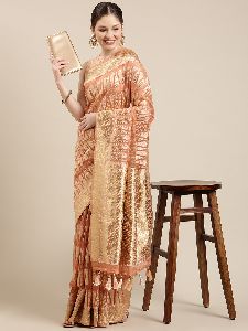 PB033 Peach and Golden Organza Paisley Zari Woven Banarasi Saree