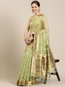 PB035 Lime Green and Golden Organza Paisley Zari Woven Banarasi Saree