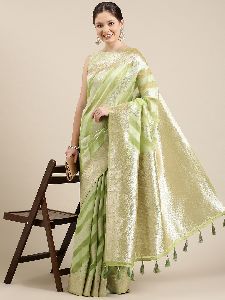 SN031 Green and Silver Organza Paisley Zari Woven Banarasi Saree