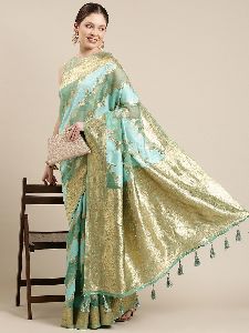 SN047 Green and Golden Organza Paisley Zari Woven Banarasi Saree