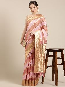 SN047 Pink and Golden Organza Paisley Zari Woven Banarasi Saree