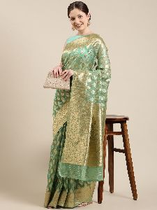 SN074 Green and Golden Organza Paisley Zari Woven Banarasi Saree