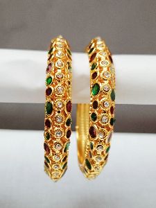 Gold Plated Red and Green Meena Stones Metal Bangles