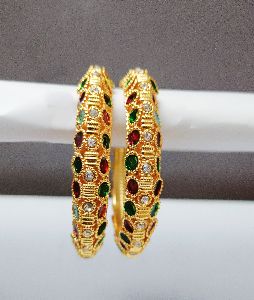 Gold Plated Red and Green Round Meena Bangles