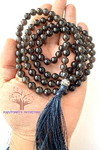 108 Black Obsidian Stone Beads Knotted Japa Mala Necklace with Guru Beads