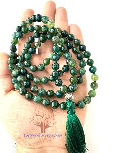 108 Moss Agate Stone Beads Knotted Japa Mala Necklace with Guru Beads