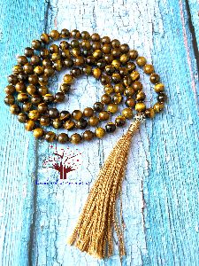 108 Tiger Eye Stone Beads Knotted Japa Mala Necklace with Guru Beads