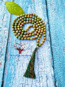 108 Unakite Stone Beads Knotted Japa Mala Necklace with Guru Beads