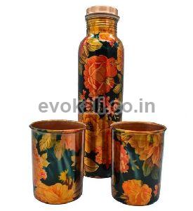 Printed Floral Design Copper Water Bottle With Glass