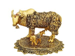 Metal Kamdhenu Cow Calf Statue