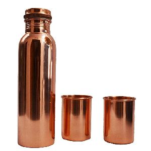 Corporate Gift Plain Copper Bottle With 2 Glass Copper Tumbler Set For Healthy Purpose