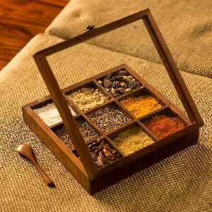9 compartments spoon tabletop wooden kitchen spice box