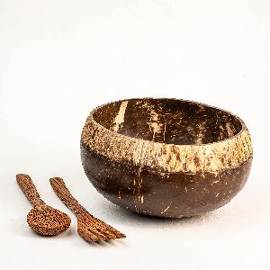 Inaithiram CSBRT Coconut Shell Bowl 900ml with a Spoon and Fork (Brown)