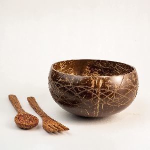 Inaithiram CSBW Coconut Shell Bowl 900ml with a Spoon and Fork for Breakfast Wave Design (Brown)