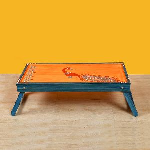 Inaithiram STTP Mango Wood 2 in 1 Wooden Breakfast Serving Table cum Tray 32 Inch Hand-painted