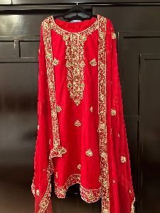 Red pure silk suit with pure chiffon dupatta, Full zardozi hand work
