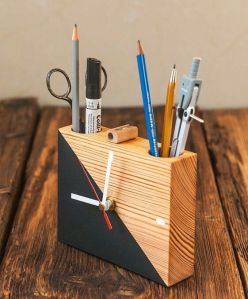 Wooden Clock and Pen Holder