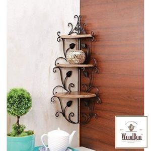 Wrought Iron & Wood 3-tier Corner Wall Shelves