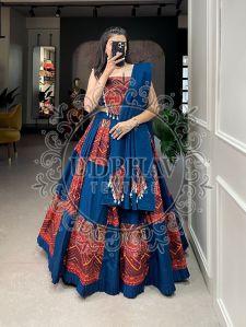 Blue Pure Cotton Printed With Foil Work Navratri Dress