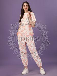 Ladies Peach Cotton Lycra Digital Printed Co-Ord Set