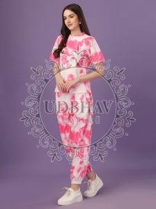 Ladies Pink  Cotton Lycra Digital Printed Co-Ord Set