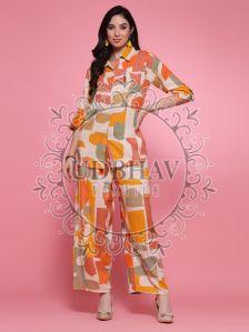 Ladies White Cotton Blend Printed Co-Ord Set