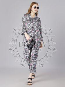 Ladies White Printed Cotton Blend Co-Ord Set