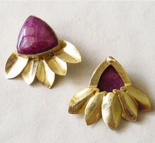 Trillion Shape Ruby Color Stone Leaf Gold Plated Stud Earring